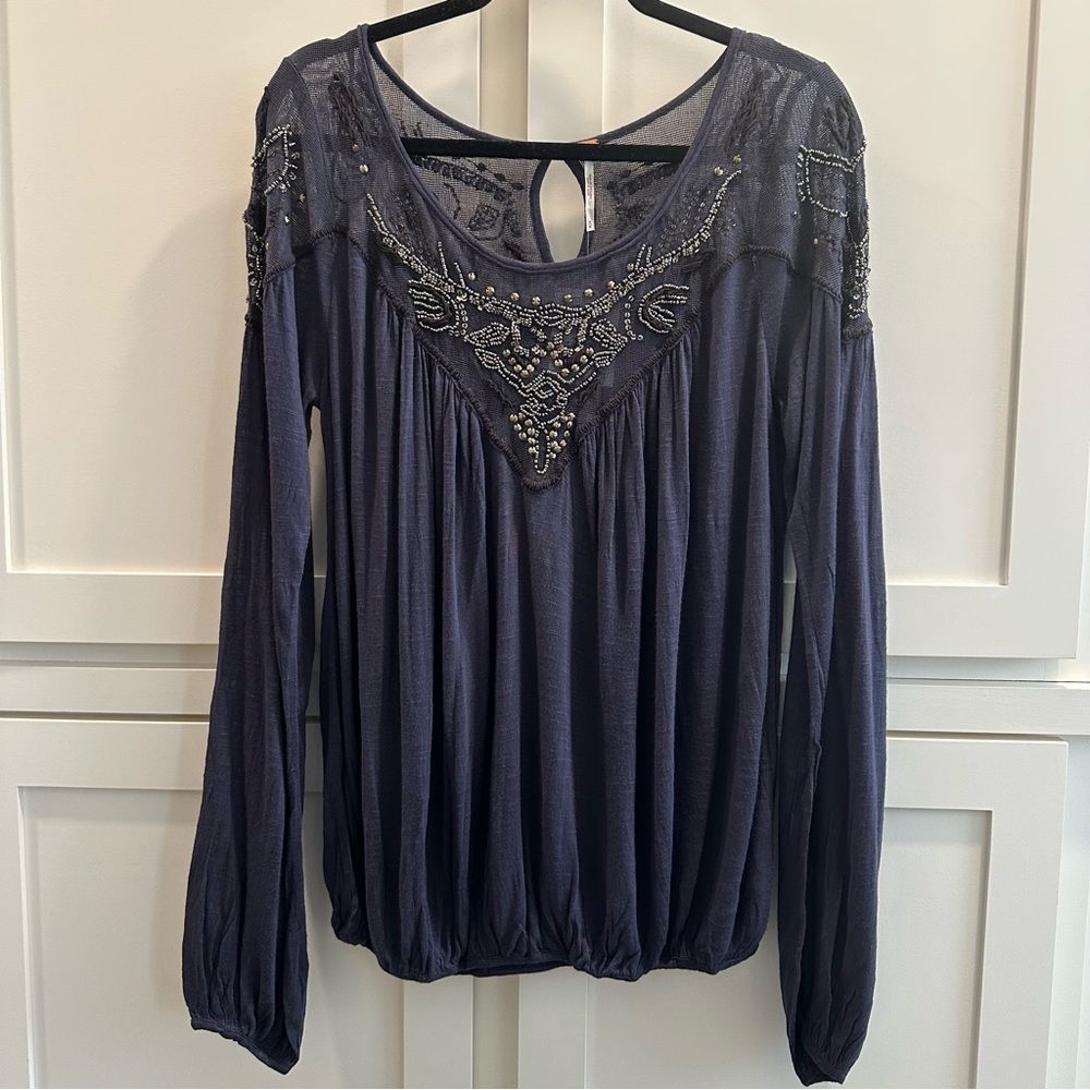 NWT Free People Navy Blue Embellished Peasant Blouse Boho Women's Size Medium